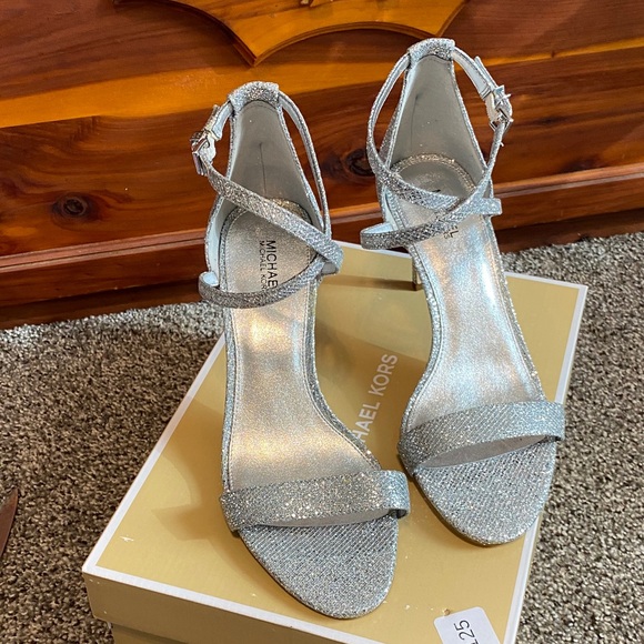 Michael Kors Shoes - Michael Kors Ava Mid Sandal Glittering Mesh Silver Heels 8.5